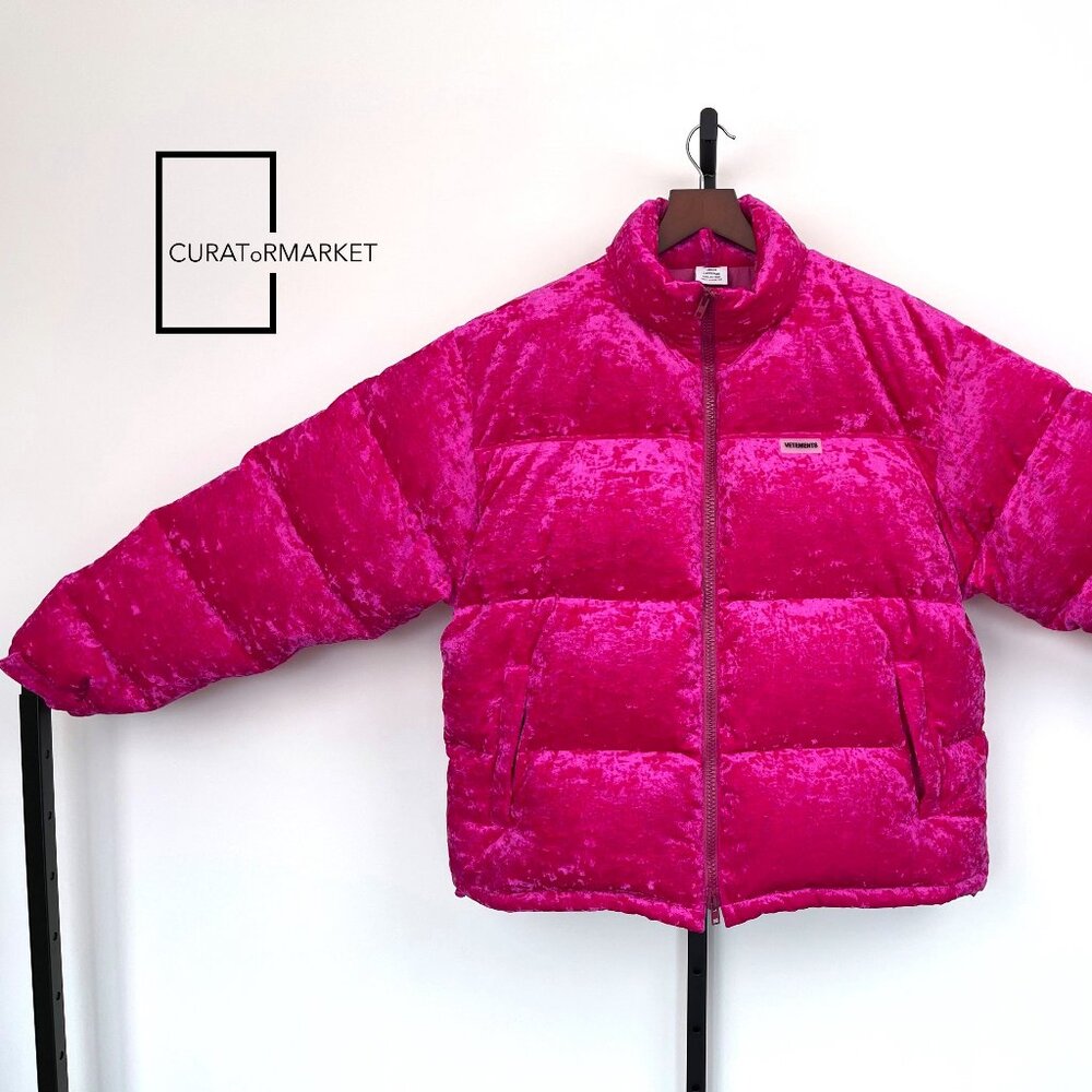Vetements: RARE Pink Crushed Velvet Down Padded Puffer Unisex Jacket FW22
